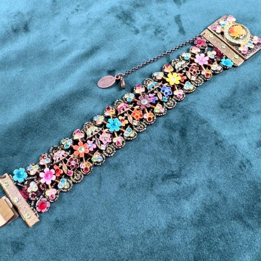 Michal Negrin Swarovski Crystal Enamel Brass Cuff Bracelet Victorian Ornate VTG